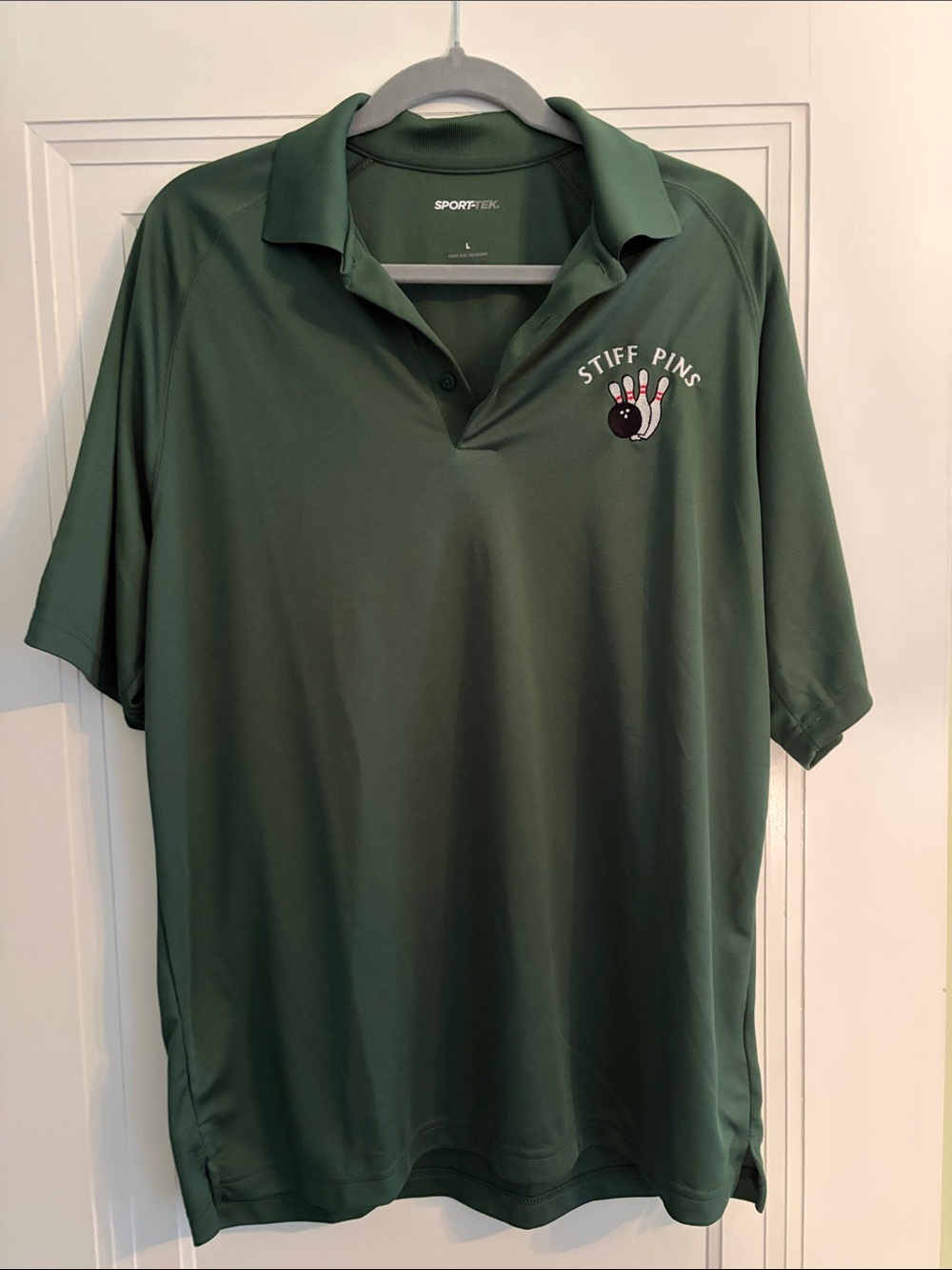 Green Bowling Polo Shirt with 'Stiff Pins' Team Name Embroidery
